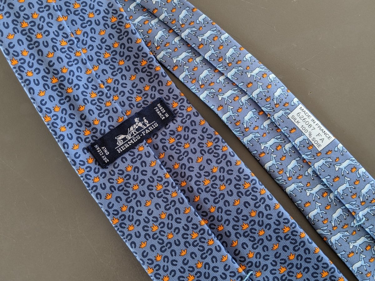 Hermes Blue/Orange HORSESHOE HORSE TWILLBI Twill Silk Tie 8cm, New! - poupishop