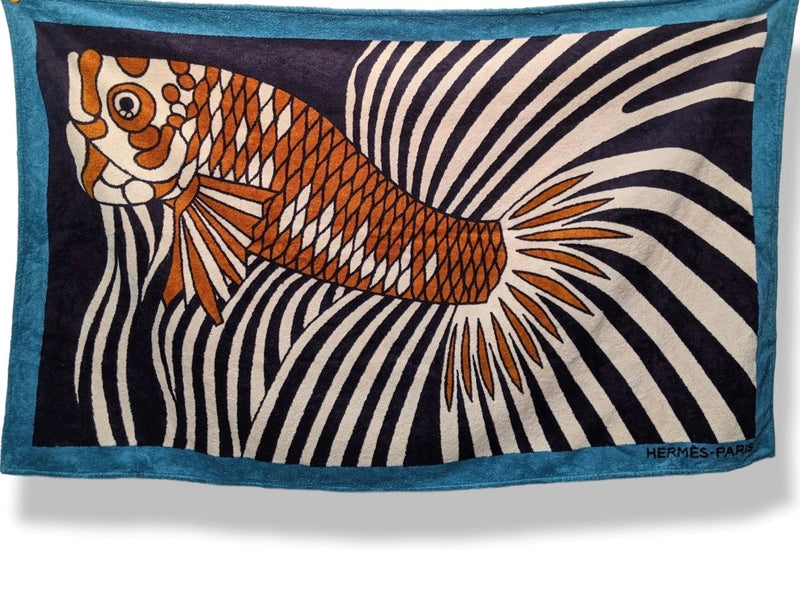 Hermes Blue/Orange POISSON DE LA MER ROUGE Fish Tapis de Plage Terry Beach Towel 150 x 90cm cm - poupishop