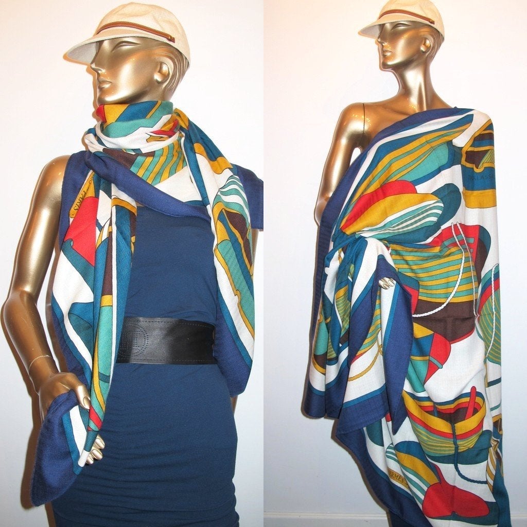 Hermes Blue/White Thalassa by Pierre Péron Cashmere Shawl 140, New! - poupishop