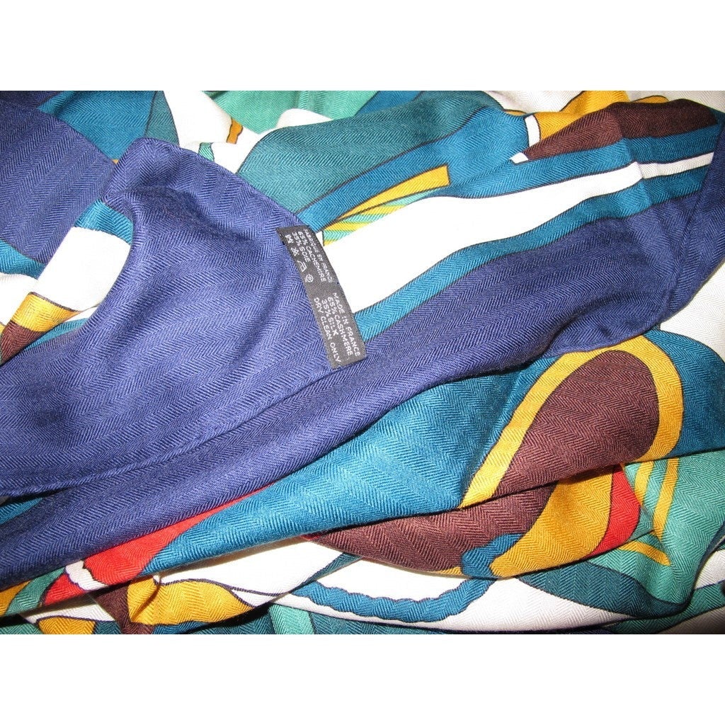 Hermes Blue/White Thalassa by Pierre Péron Cashmere Shawl 140, New! - poupishop