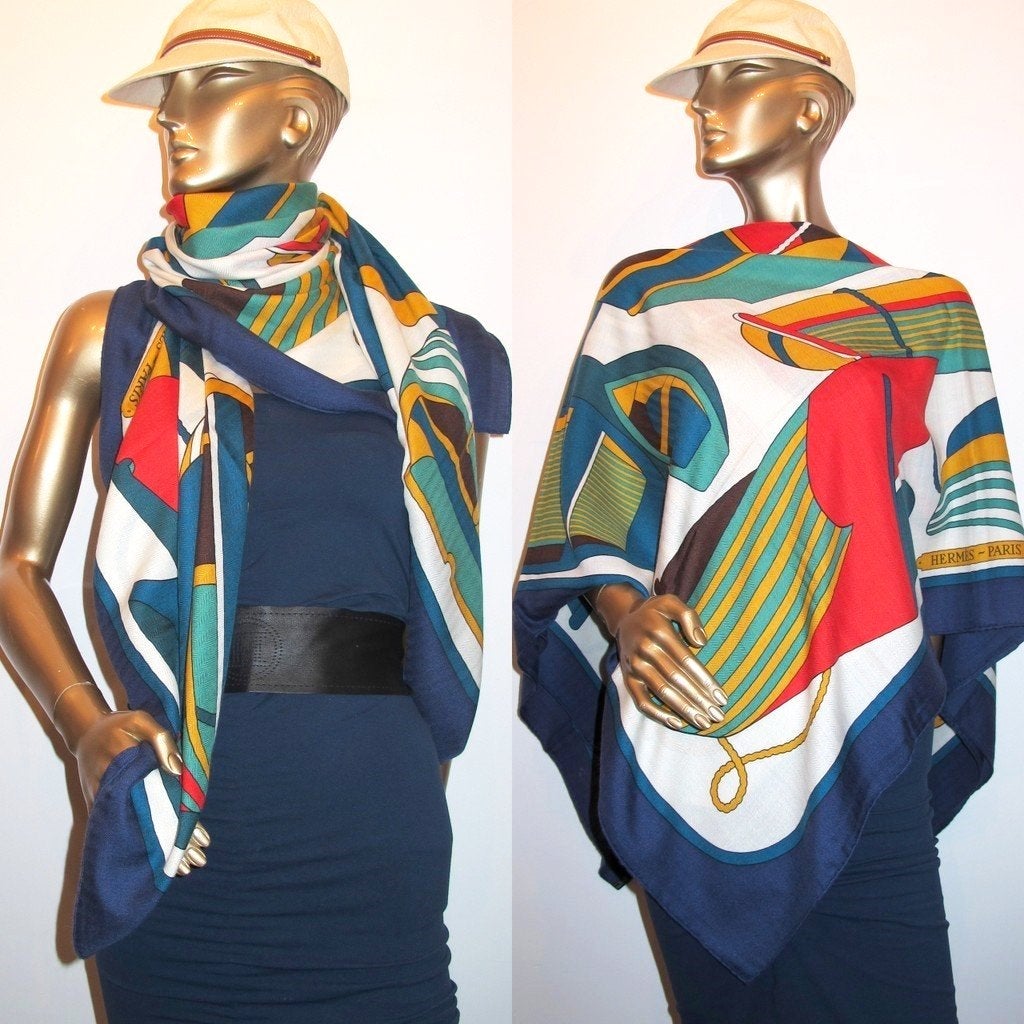 Hermes Blue/White Thalassa by Pierre Péron Cashmere Shawl 140, New! - poupishop