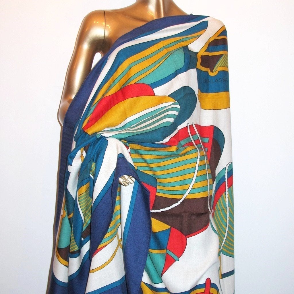 Hermes Blue/White Thalassa by Pierre Péron Cashmere Shawl 140, New! - poupishop