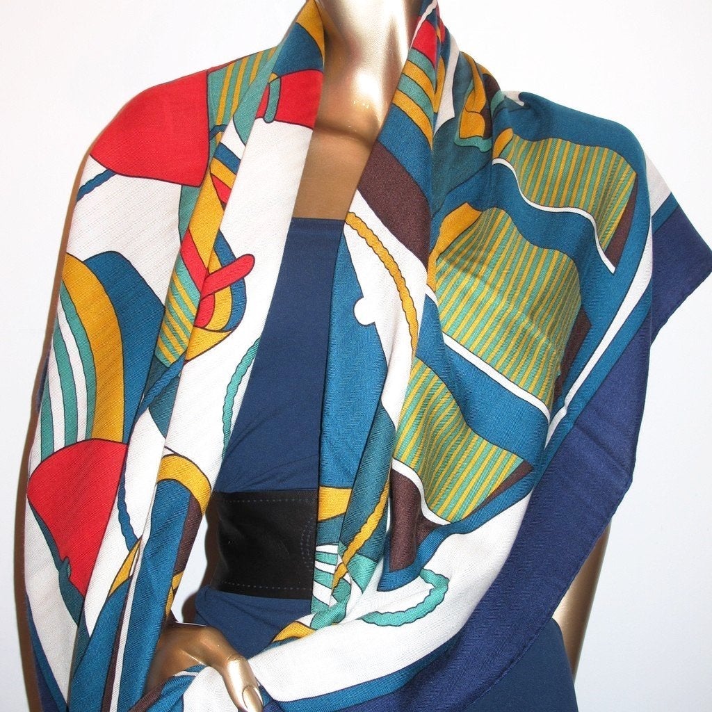 Hermes Blue/White Thalassa by Pierre Péron Cashmere Shawl 140, New! - poupishop