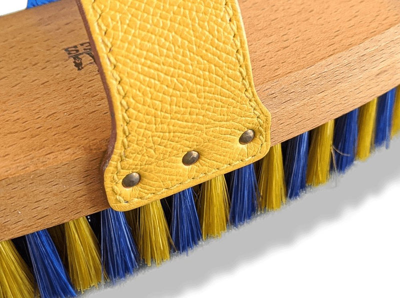 Hermes Blue/Yellow Equistrian Leather/Wood/Silk HORSE BODY BRUSH, BNEW! - poupishop