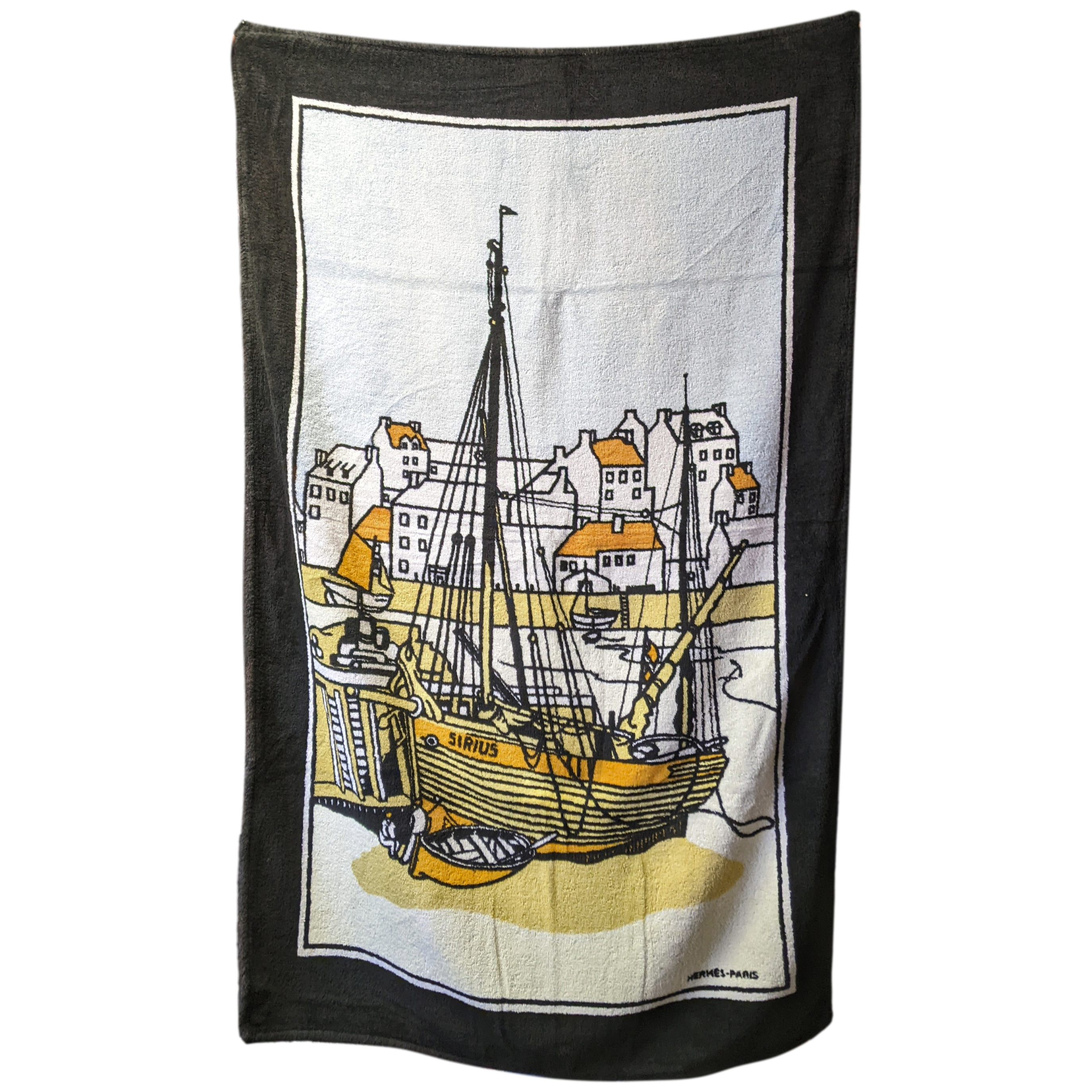 Hermes Vintage Noir/Bleu Clair " Boat" by Pierre Peron Terry Cotton Beach Towel GM 90 x 150 cm