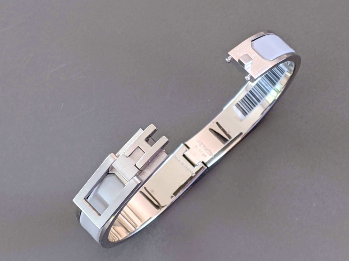 Hermes [BR01] UNISEX Gris Clair Mat Enamel/Brushed Palladium JET EMAIL Narrow Bangle Bracelet Sz T6 New! - poupishop