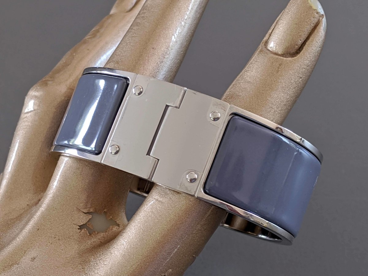 Hermes [BR02] Granit Enamel & Palladium CHARNIERE UNI Wide Bangle Bracelet Sz S, New! - poupishop