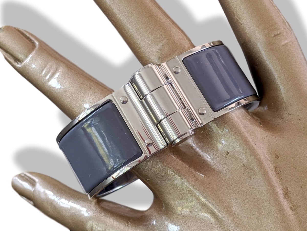Hermes [BR02] Granit Enamel & Palladium CHARNIERE UNI Wide Bangle Bracelet Sz S, New! - poupishop