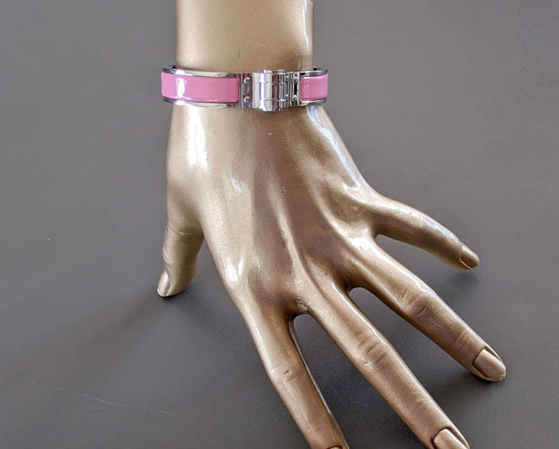 Hermes [BR03] Rose Flamingo Enamel & Palladium Charniere Uni Fin Narrow Bangle Bracelet Sz S New! - poupishop
