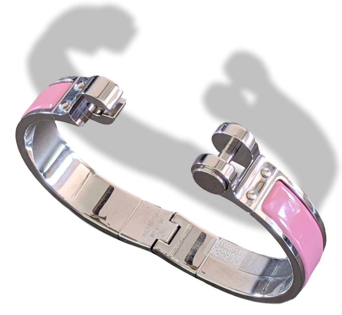 Hermes [BR03] Rose Flamingo Enamel & Palladium CHARNIERE UNI Fin Narrow Bangle Bracelet Sz S, New! - poupishop