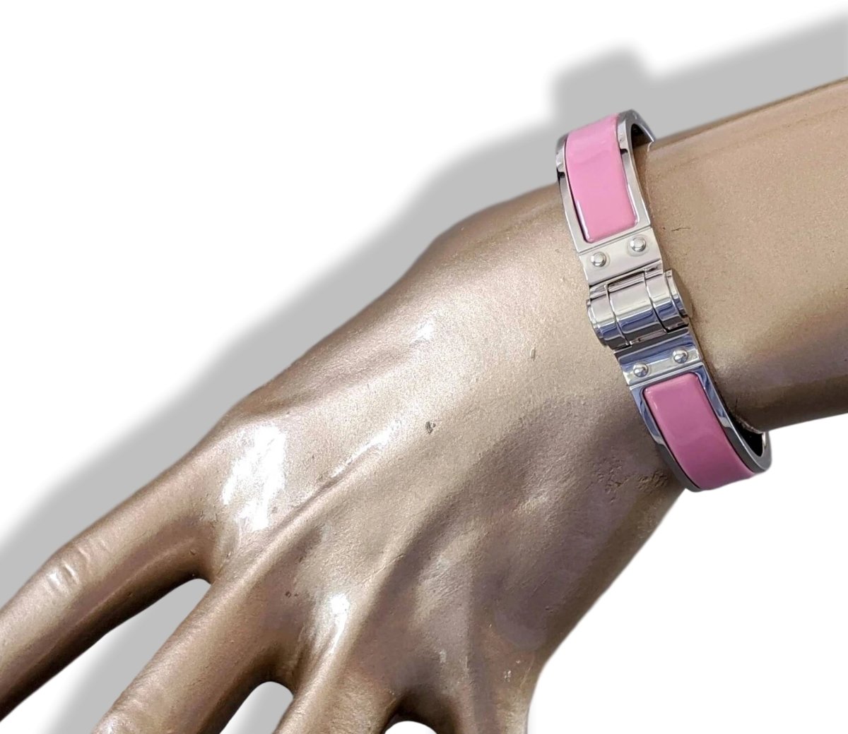 Hermes [BR03] Rose Flamingo Enamel & Palladium CHARNIERE UNI Fin Narrow Bangle Bracelet Sz S, New! - poupishop