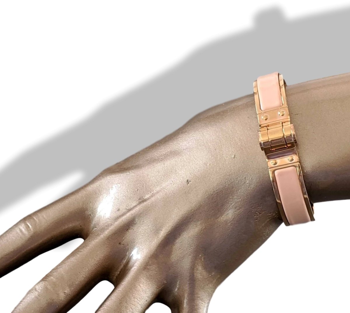 Hermes [BR04] Rose Petale Enamel/Or Rose CHARNIERE UNI Fin Narrow Bangle Bracelet Sz S, New! - poupishop