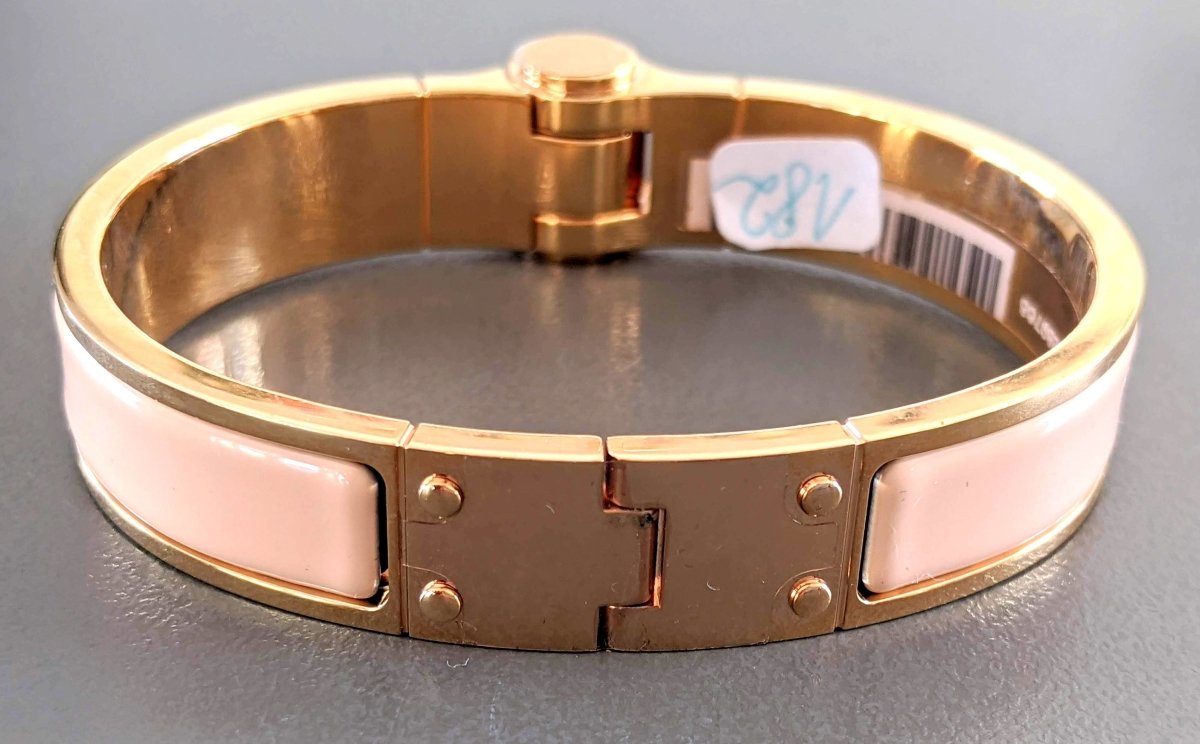 Hermes [BR04] Rose Petale Enamel/Or Rose CHARNIERE UNI Fin Narrow Bangle Bracelet Sz S, New! - poupishop