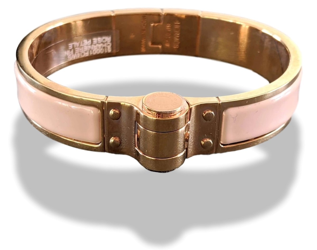 Hermes [BR04] Rose Petale Enamel/Or Rose CHARNIERE UNI Fin Narrow Bangle Bracelet Sz S, New! - poupishop