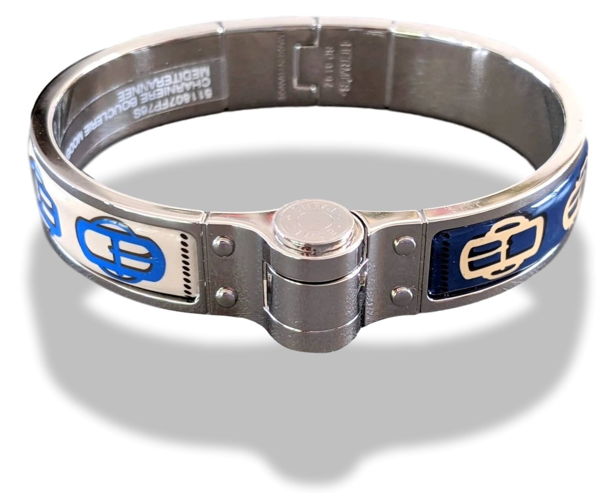 Hermes [BR05] Mediterranee CHARNIERE BOUCLERIE MODERNE Enamel Fin Narrow Bangle Bracelet Sz S, New! - poupishop