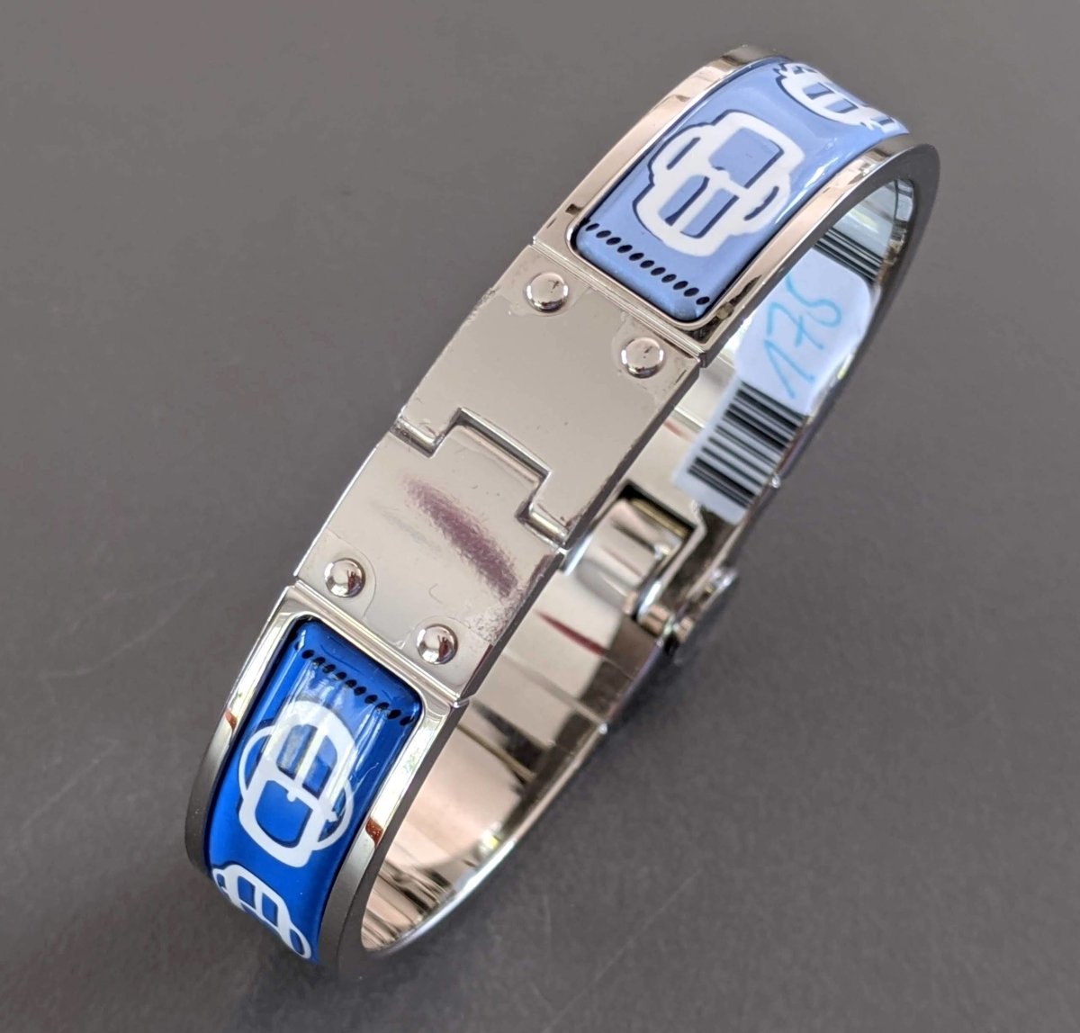 Hermes [BR05] Mediterranee CHARNIERE BOUCLERIE MODERNE Enamel Fin Narrow Bangle Bracelet Sz S, New! - poupishop