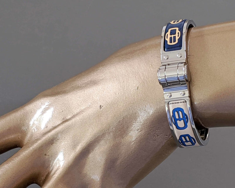 Hermes [BR05] Mediterranee CHARNIERE BOUCLERIE MODERNE Enamel Fin Narrow Bangle Bracelet Sz S, New! - poupishop