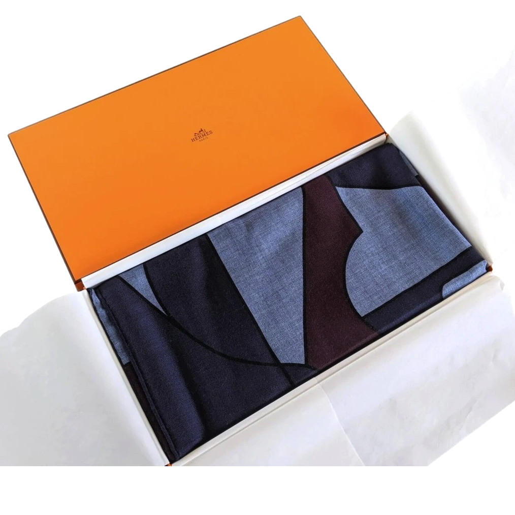 Hermes [S12] 2019 Blue Chiné Navy Red H BRAZILIAN HORSES by Anne-Margaux Ramstein Cashmere Shawl 140