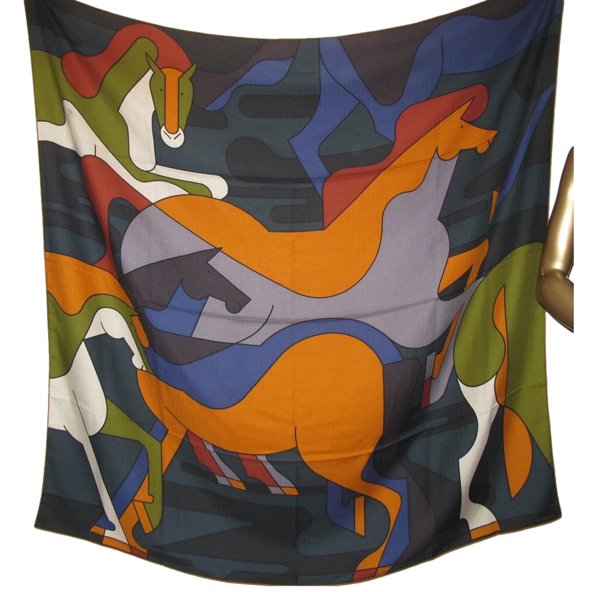 Hermes [S10] 2019 Orange Gris King Blue BRAZILIAN HORSES by Anne-Margaux Ramstein Cashmere Shawl 140