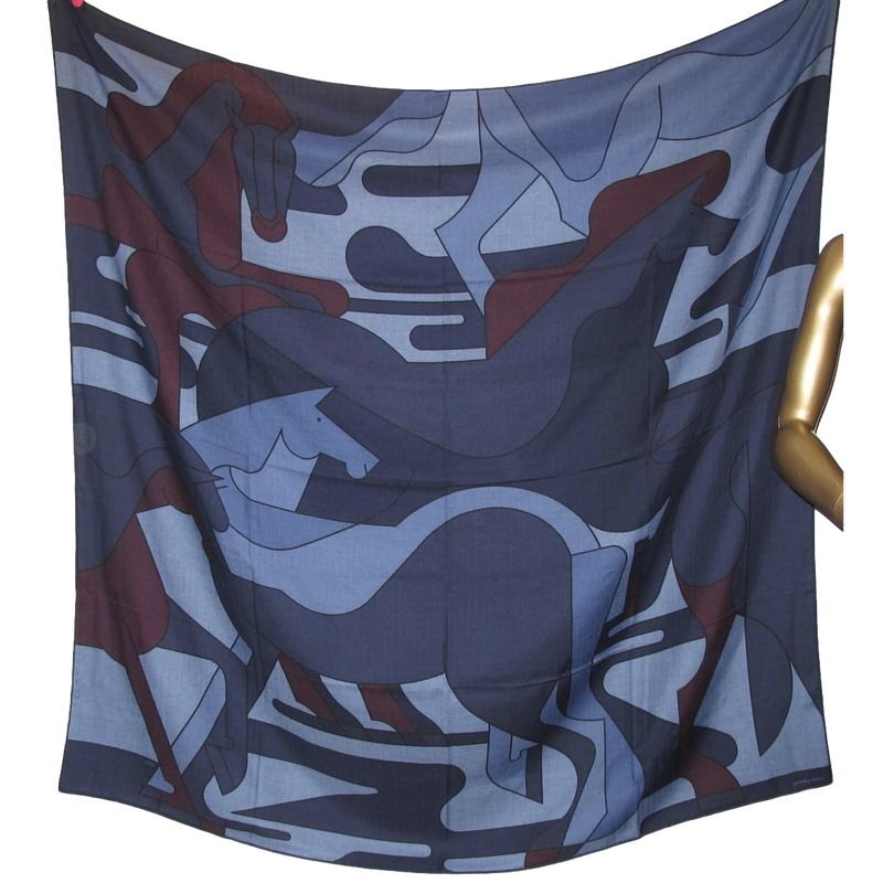 Hermes [S12] 2019 Blue Chiné Navy Red H BRAZILIAN HORSES by Anne-Margaux Ramstein Cashmere Shawl 140