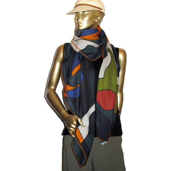 Hermes [S10] 2019 Orange Gris King Blue BRAZILIAN HORSES by Anne-Margaux Ramstein Cashmere Shawl 140