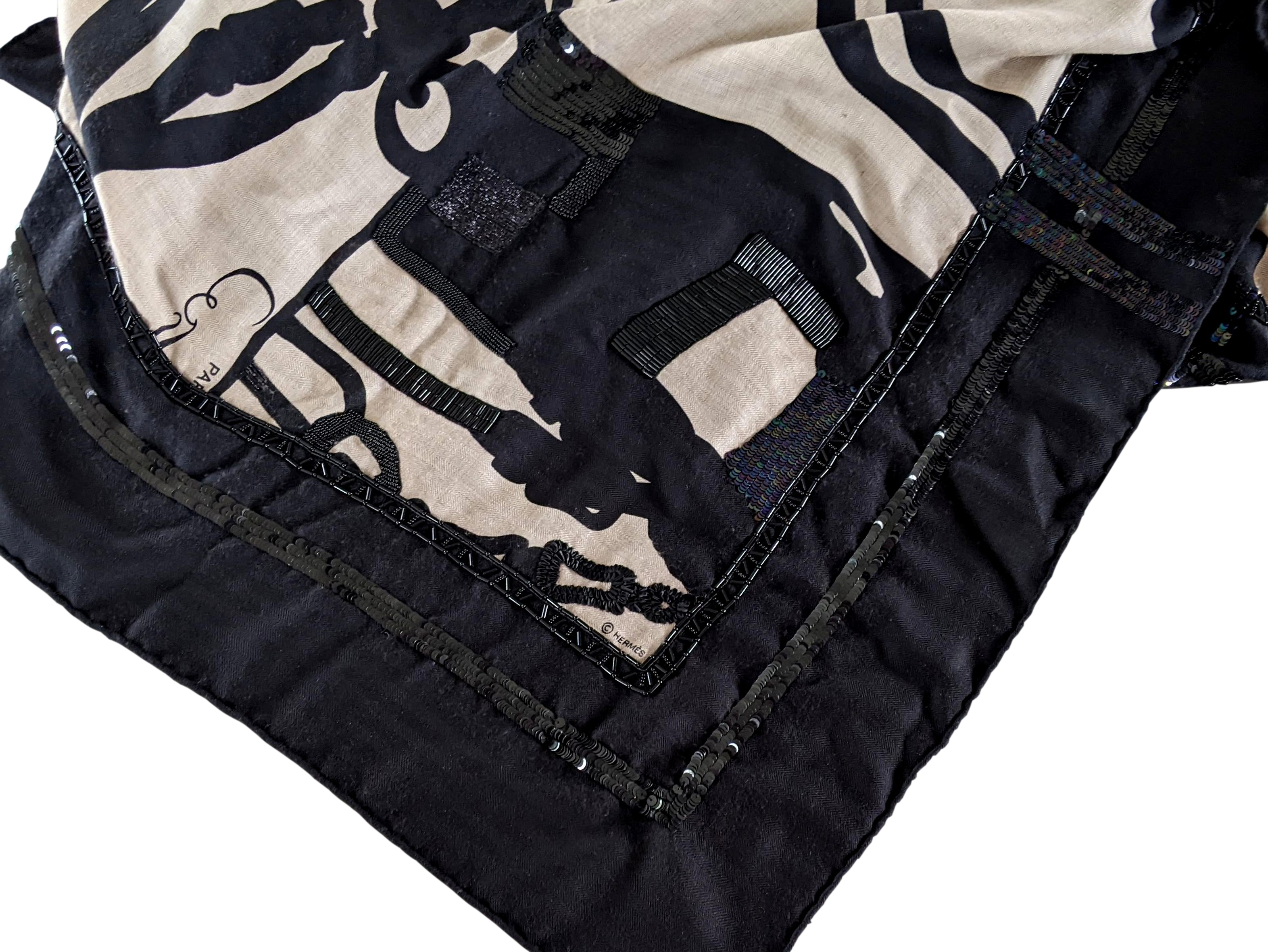 Hermes 2008 Precious Shiny Noir/Naturel Embroidered "Brides de Gala en Desordre" Cashmere Shawl 140