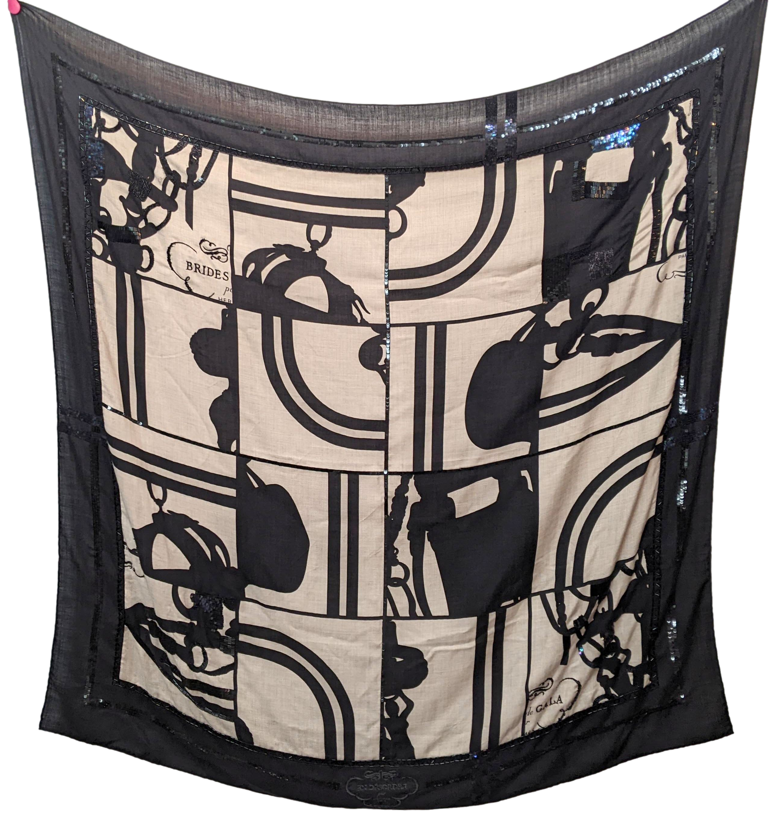 Hermes 2008 Precious Shiny Noir/Naturel Embroidered "Brides de Gala en Desordre" Cashmere Shawl 140