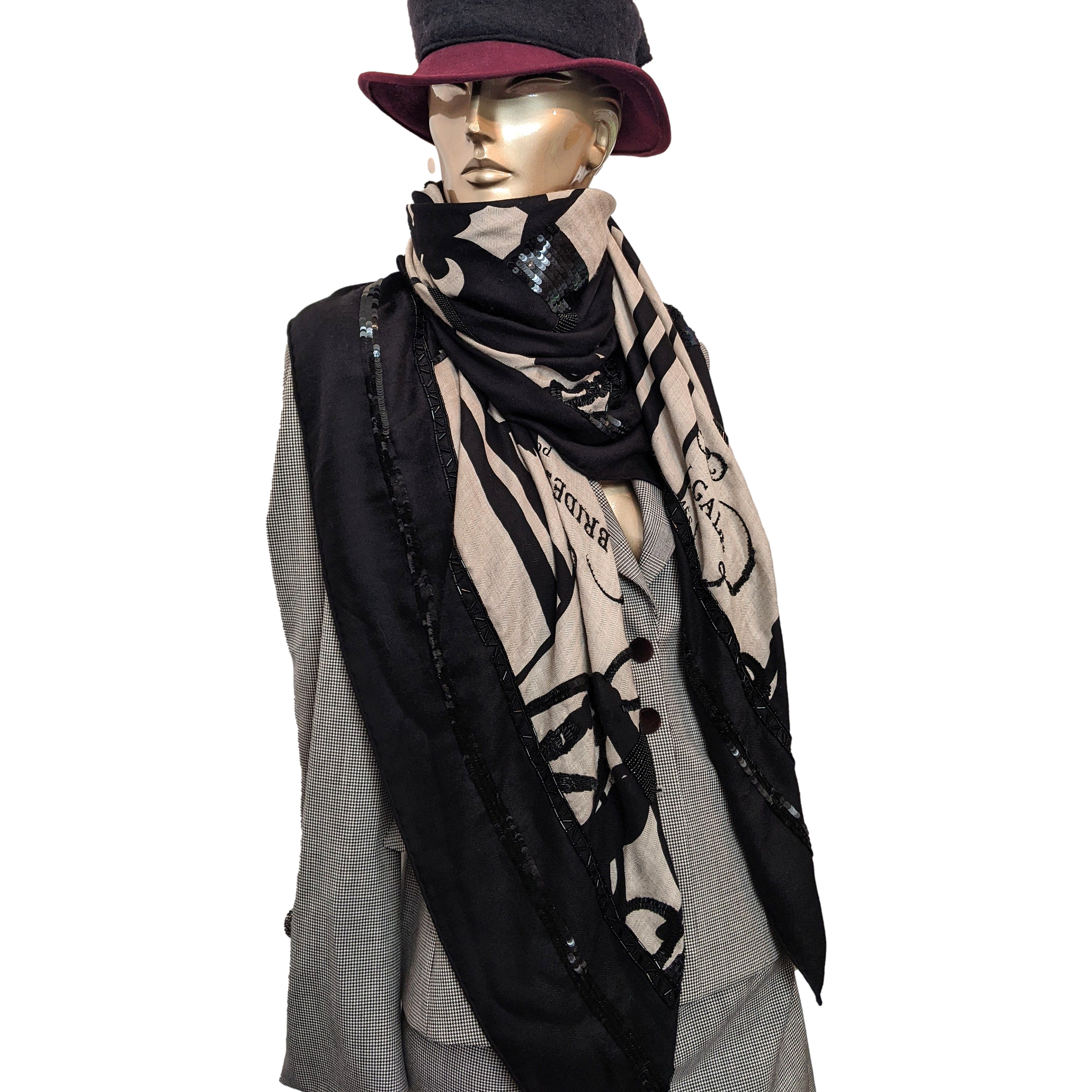 Hermes 2008 Precious Shiny Noir/Naturel Embroidered "Brides de Gala en Desordre" Cashmere Shawl 140