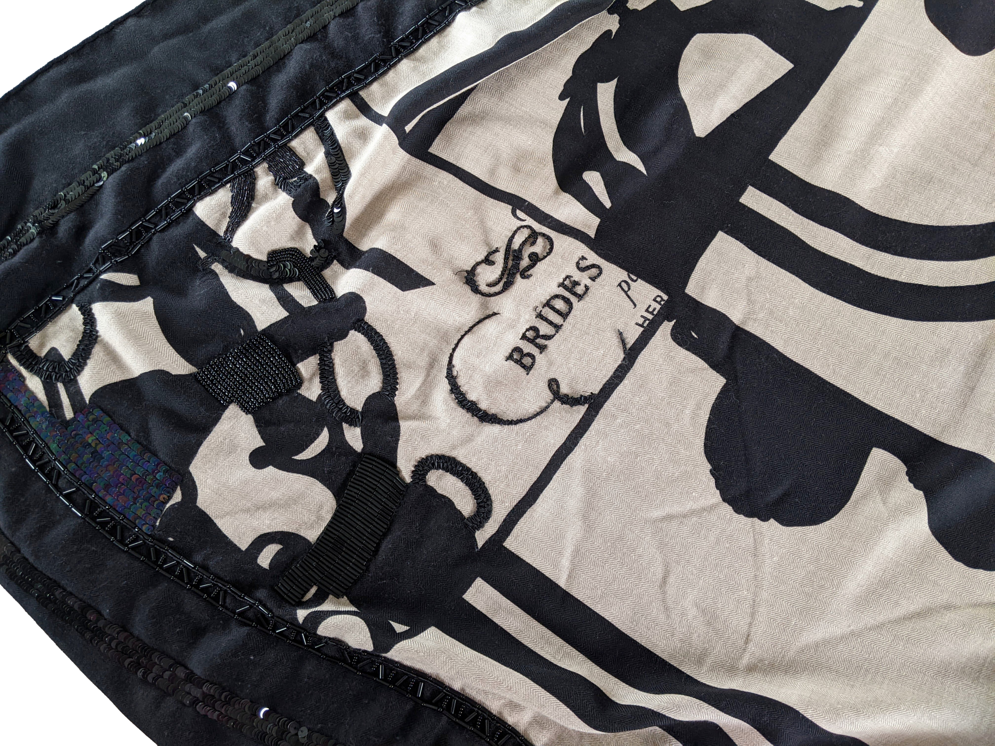 Hermes 2008 Precious Shiny Noir/Naturel Embroidered "Brides de Gala en Desordre" Cashmere Shawl 140