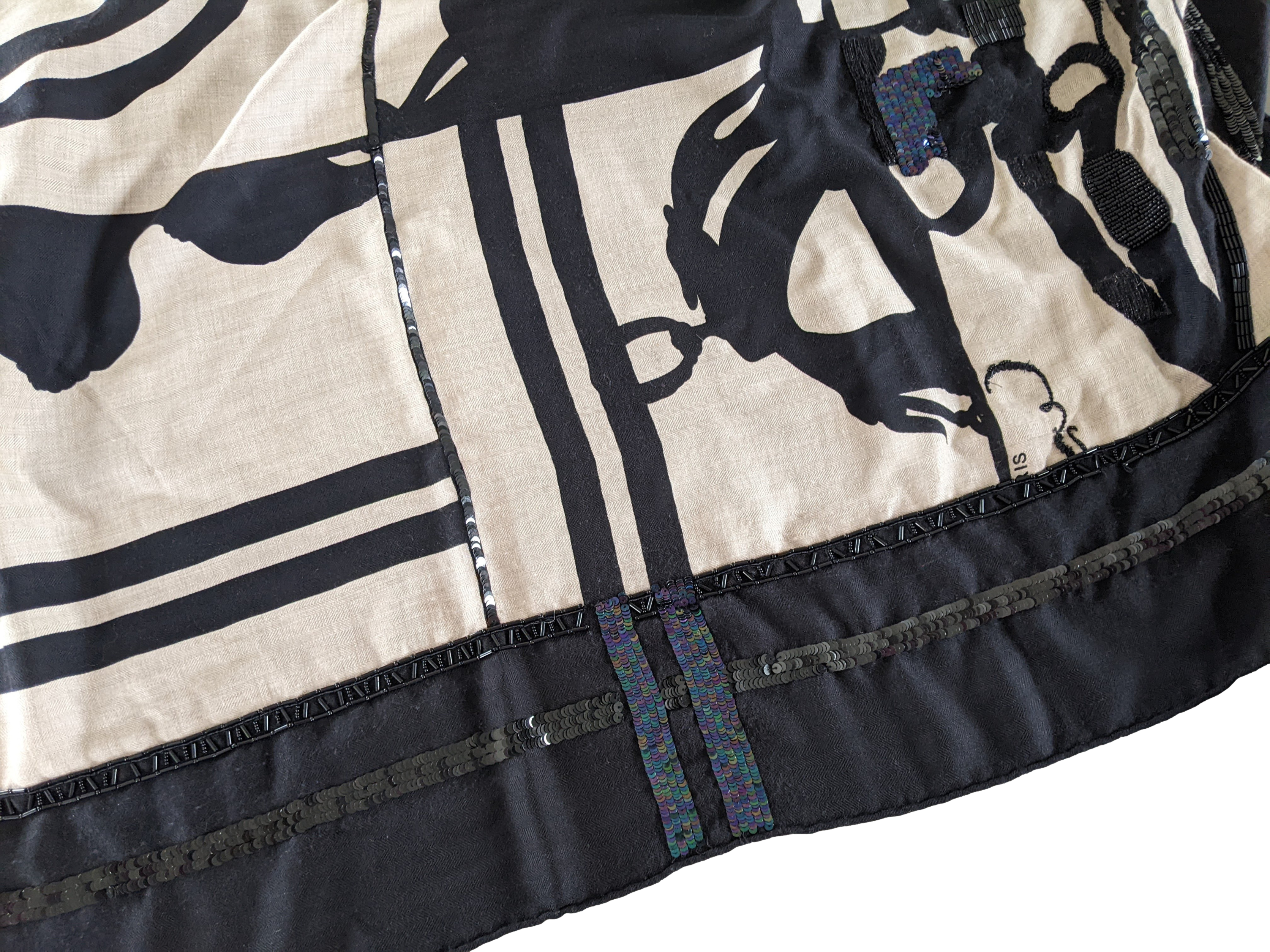 Hermes 2008 Precious Shiny Noir/Naturel Embroidered "Brides de Gala en Desordre" Cashmere Shawl 140