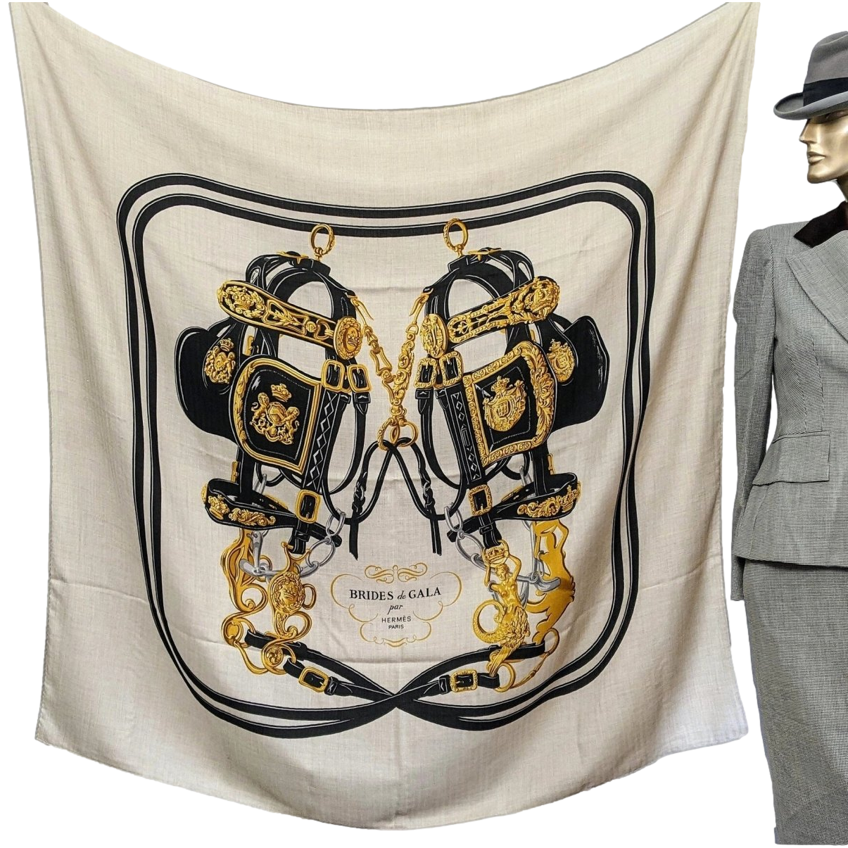 Hermes Naturel/Noir/Or BRIDES DE GALA by Hugo Grygkar Cashmere 65%/35% Silk Shawl 140