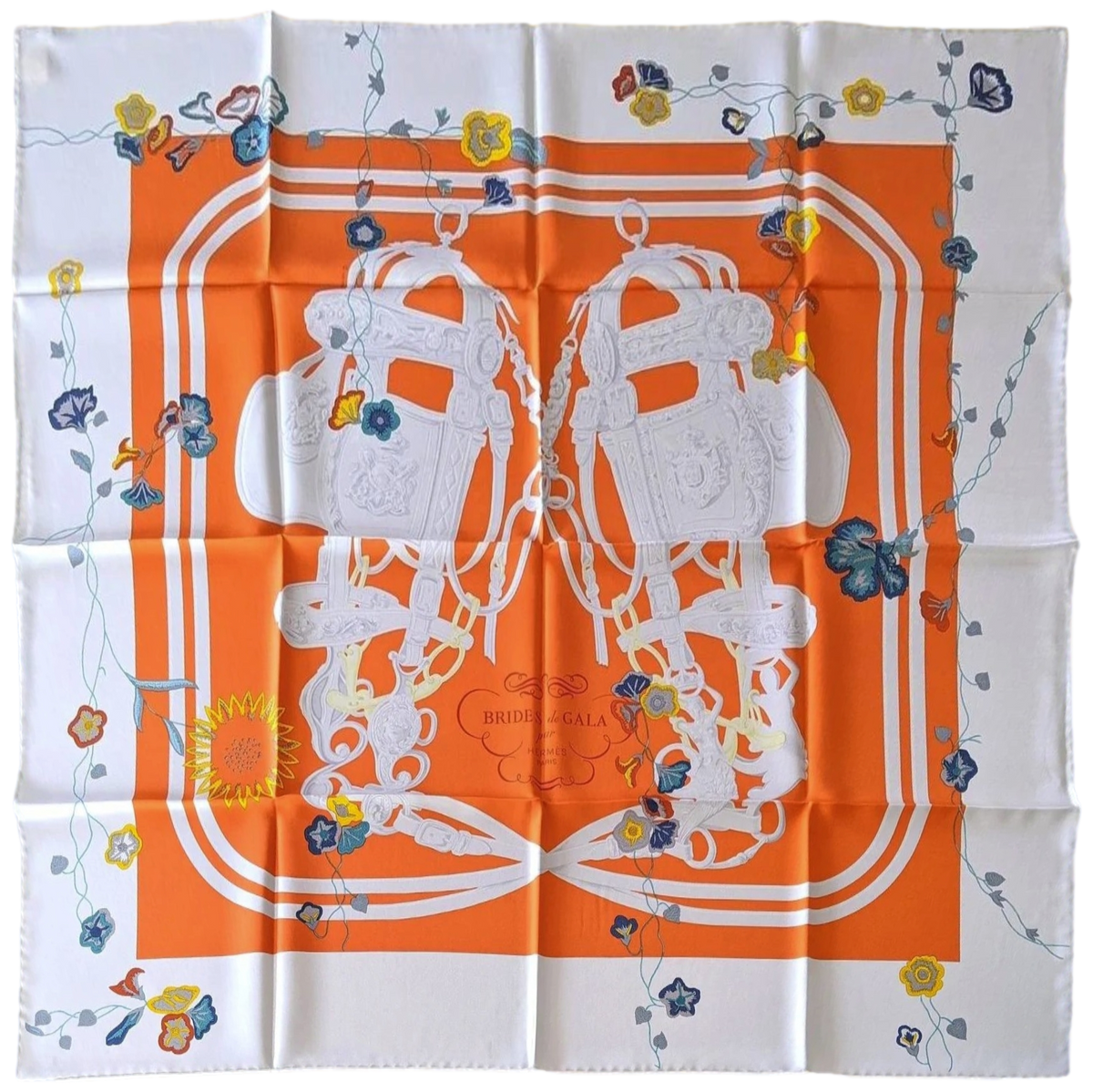 Hermes [C36] 2017 Orange White Turquoise BRIDES FLEURIES 100% Twill Silk 90cm