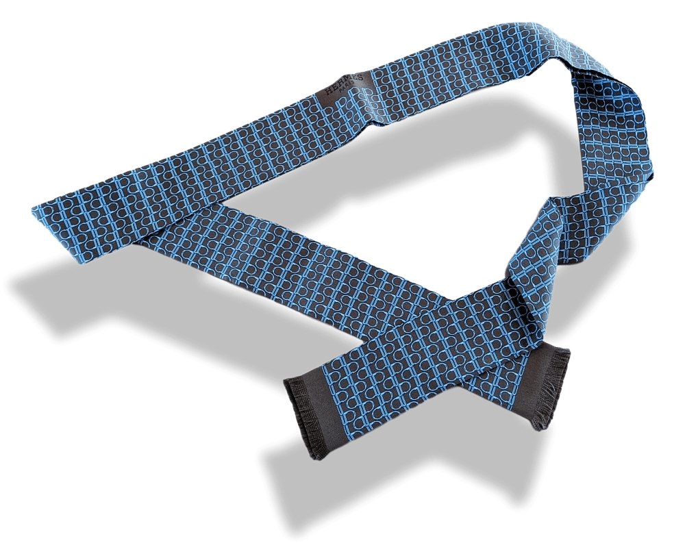 Hermes Brown Blue LA CRAVATE FOULARD Stirrup Tie Scarf 140 cm Length, NWTIB! - poupishop