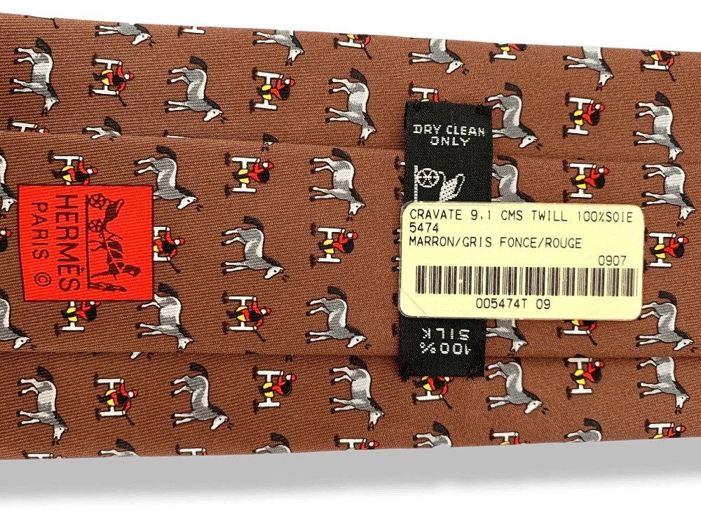 Hermes Brown Dark Grey red 5474 HORSE JOCKEY Twill Silk Tie 9CM, NWT in Pochette! - poupishop