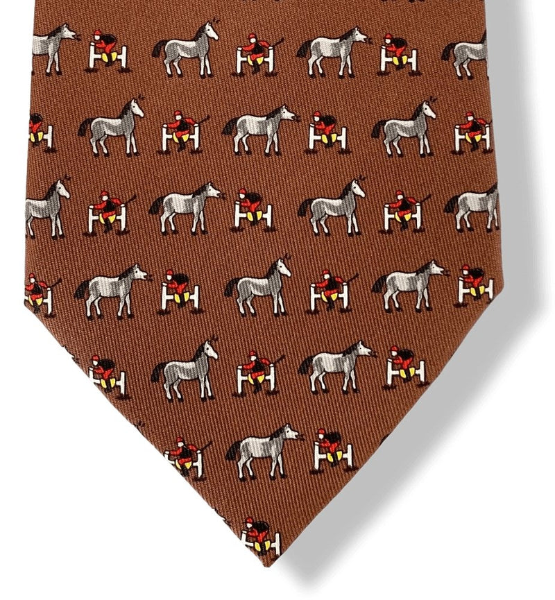 Hermes Brown Dark Grey red 5474 HORSE JOCKEY Twill Silk Tie 9CM, NWT in Pochette! - poupishop