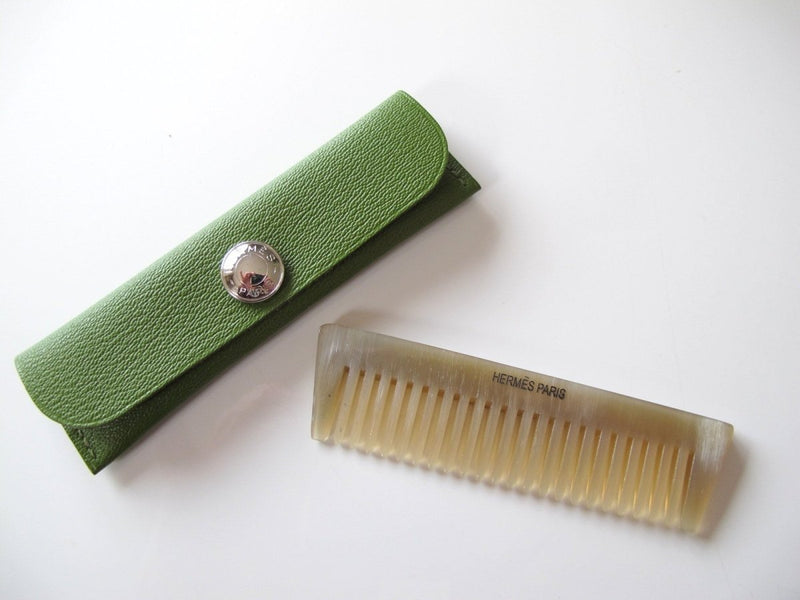 Hermes Buffalo Horn Comb in Green Chevre Suede Case, New! - poupishop