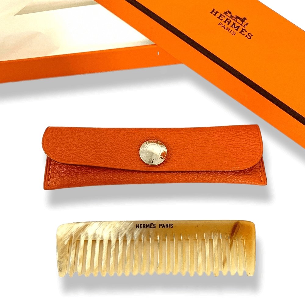 Hermes Buffalo Horn COMB in Orange Goat Leather Case with Clou de selle Snap , NIB! - poupishop