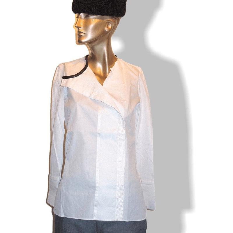 Hermes Embellished Couture Linen Shirt with Lambskin Collar