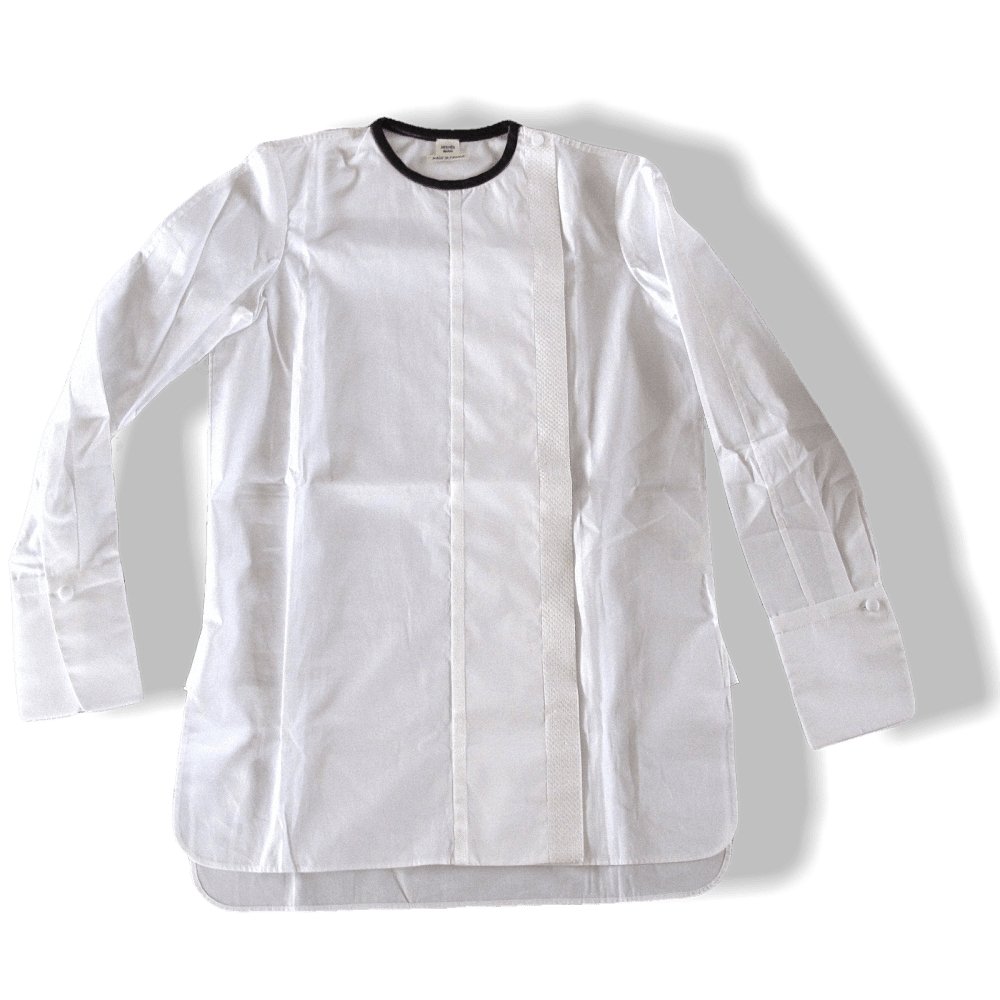 Hermes Embellished Couture Linen Shirt with Lambskin Collar