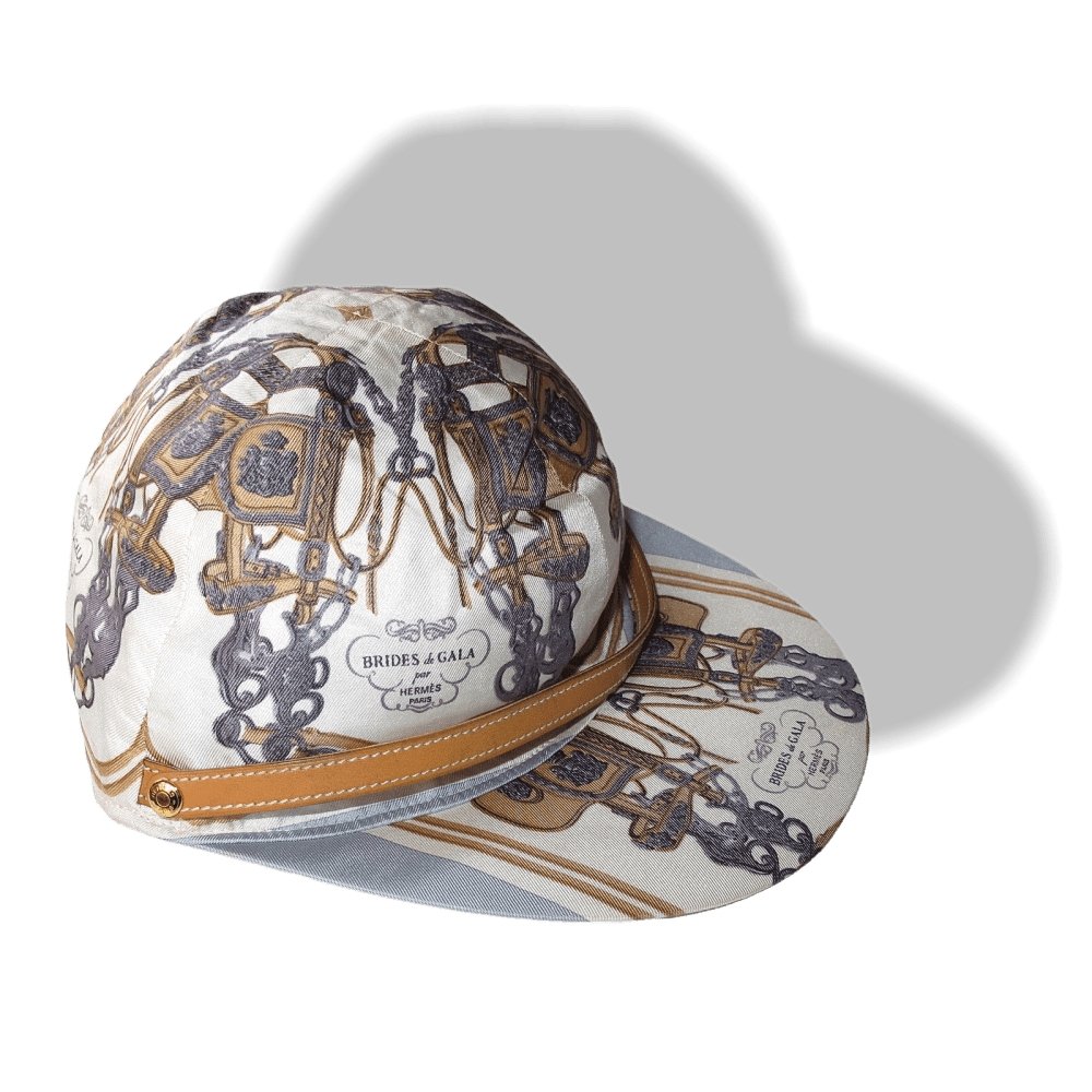 Hermes by Motsch Baby Blue Printed Silk Brides de Gala & Leather Strap Cap Hat Sz55, New! - poupishop