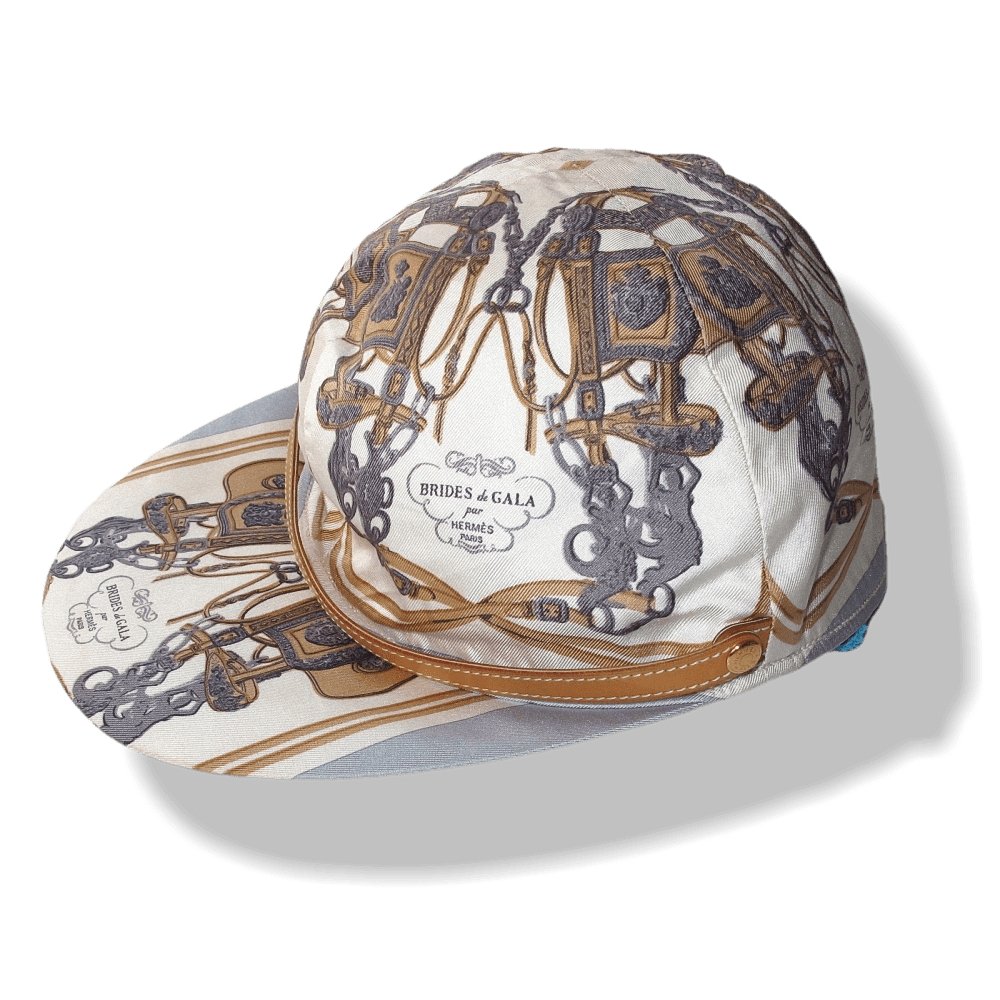 Hermes by Motsch Baby Blue Printed Silk Brides de Gala & Leather Strap Cap Hat Sz55, New! - poupishop