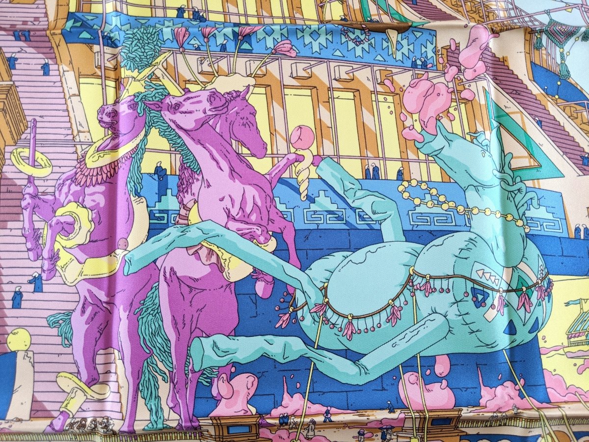 Hermes [C08] Mauve/Aqua/Camel LA LEGENDE DU CHEVAL A PLUMES by Ugo Gattoni Twill 90cm, BNWTIB! - poupishop