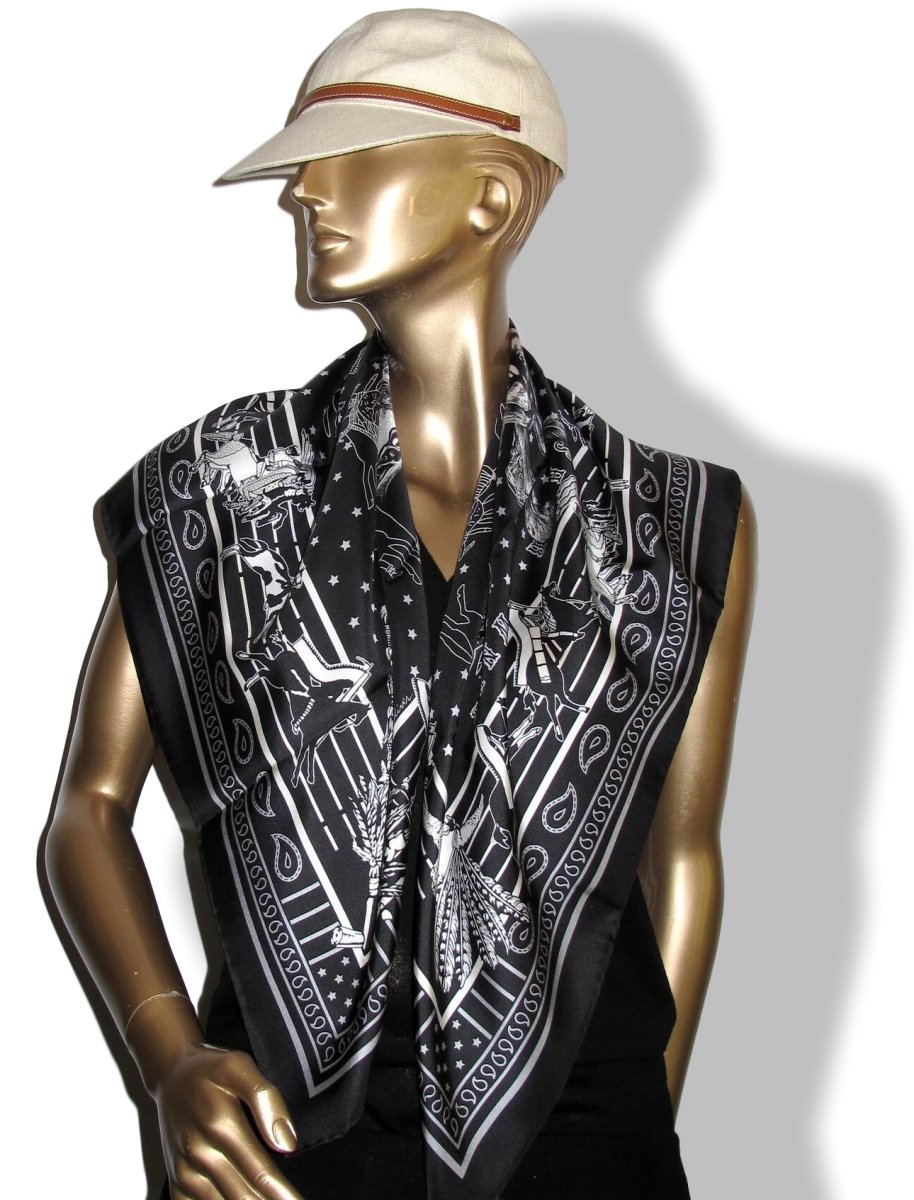 Hermes [C09] Noir/Marine PANI LA SHAR PAWNEE by Kermit Oliver DOUBLE FACE Twill Scarf 90cm, BNWTIB! - poupishop