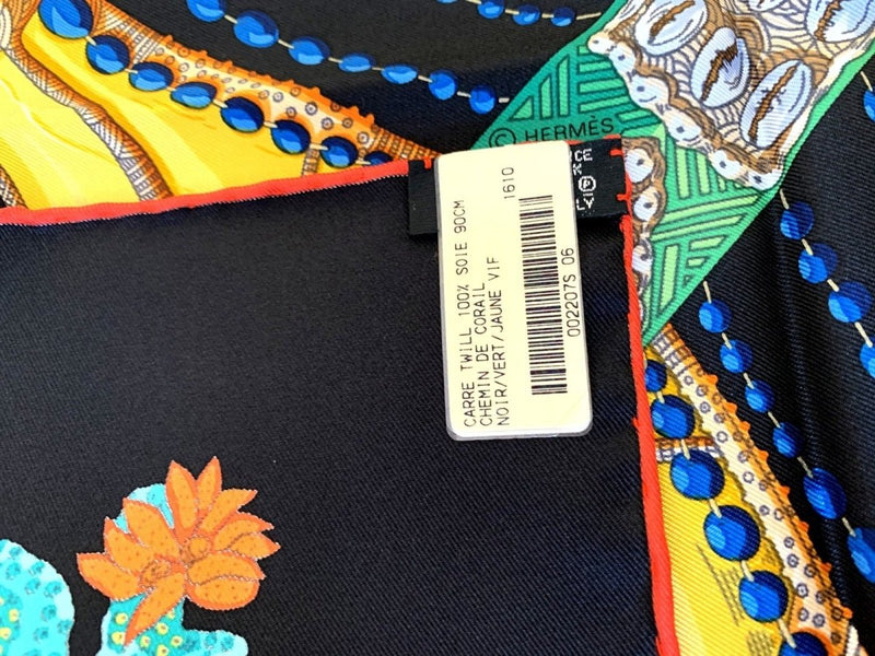 Hermes [C13] 2016 Black Green Vibrant Yellow CHEMINS DE CORAIL by Annie Faivre Twill Silk Carre 90cm, NWTIB! - poupishop