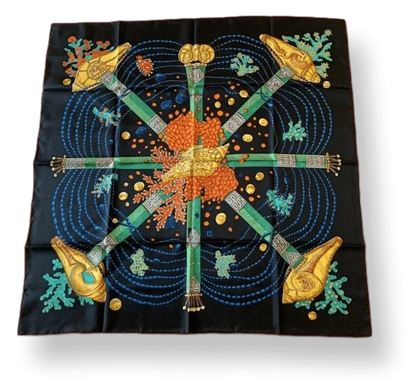 Hermes [C13] 2016 Black Green Vibrant Yellow CHEMINS DE CORAIL by Annie Faivre Twill Silk Carre 90cm, NWTIB! - poupishop