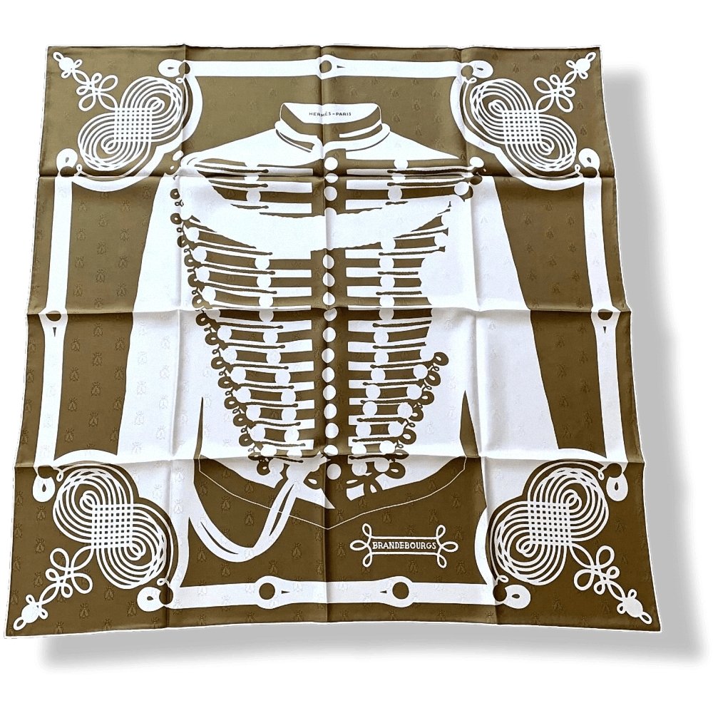 Hermes [C15] Limited Kaki White BRANDEBOURG TATTOO by Caty Latham Jacquard Twill SIlk 90cm, BNWT! - poupishop