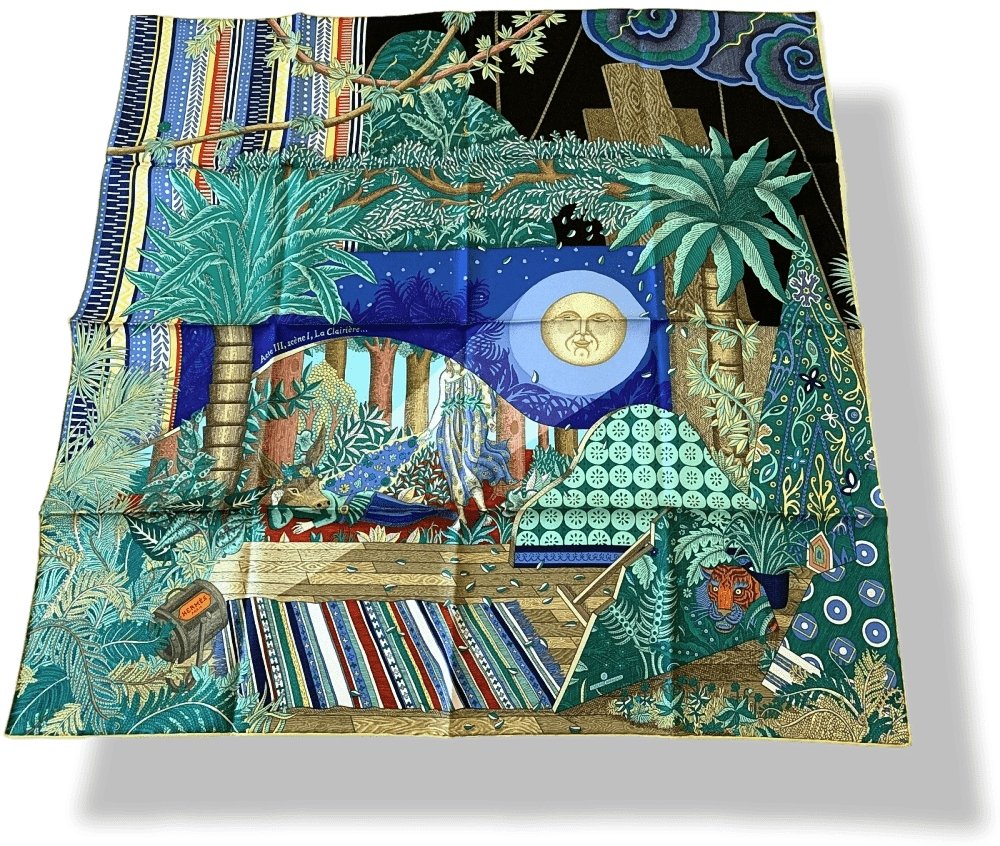 Hermes [C19] 2019 Black Blue Green ACTE III, SCENE I, LA CLAIRIERE by Edouard Baribeaud Twill 90cm, NWTIB! - poupishop