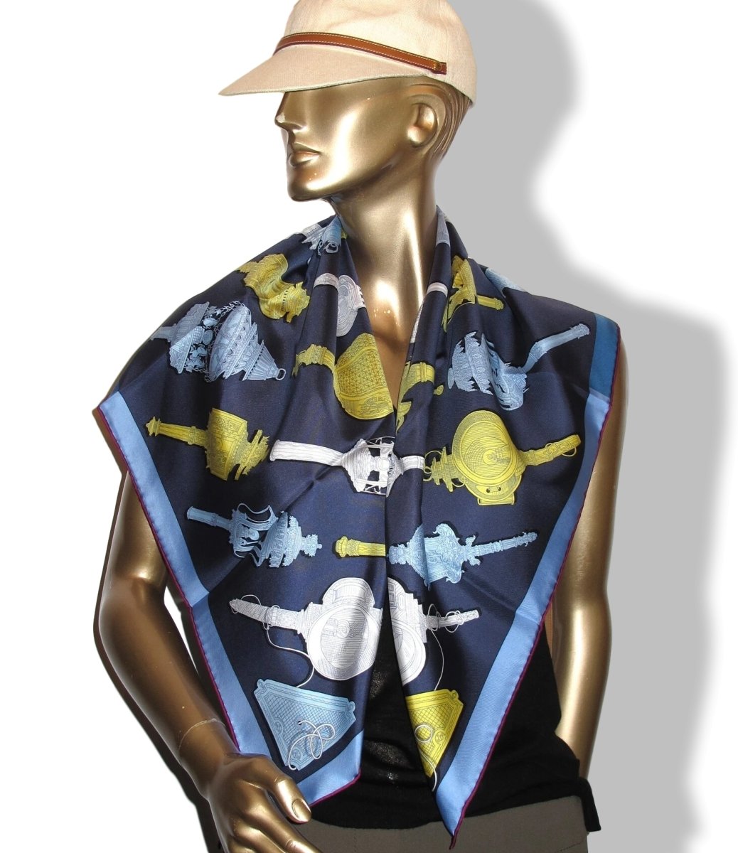 Hermes [C2] 2016 Marine/Jaune/Bleu Ciel MERVEILLEUSES LANTERNES by Pierre Marie Twill Silk Carre 90cm cm, BNWTIB! - poupishop
