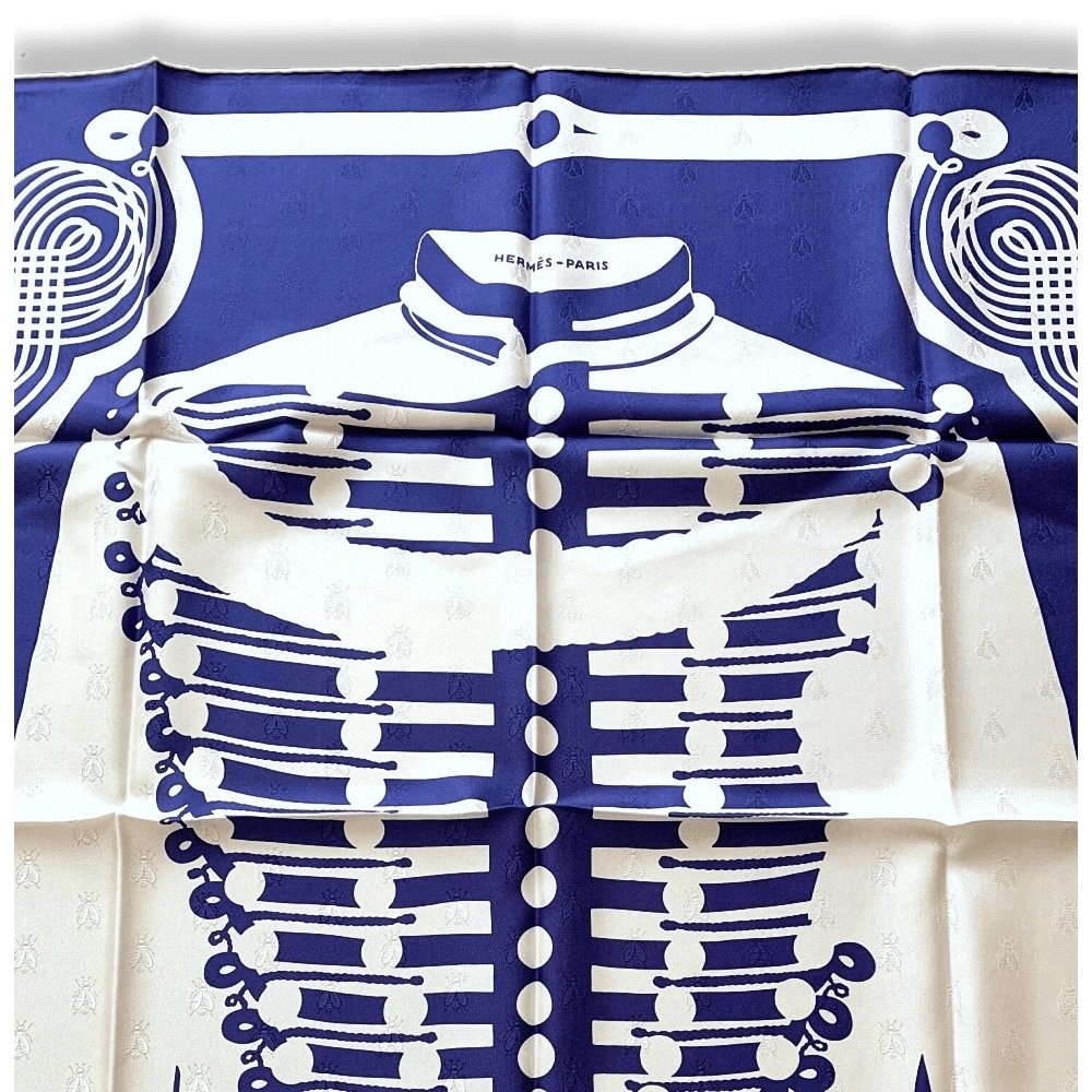 Hermes [C20] Limited Indigo White BRANDEBOURG TATTOO by Caty Latham Jacquard Twill SIlk 90cm, BNEW! - poupishop