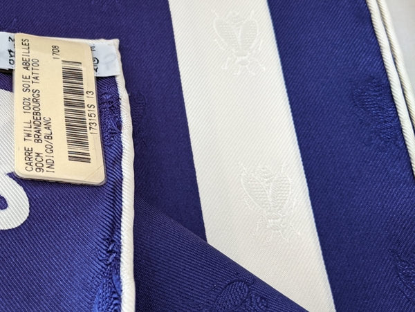 Hermes [C20] Limited Indigo White BRANDEBOURG TATTOO by Caty Latham Jacquard Twill SIlk 90cm, BNEW! - poupishop